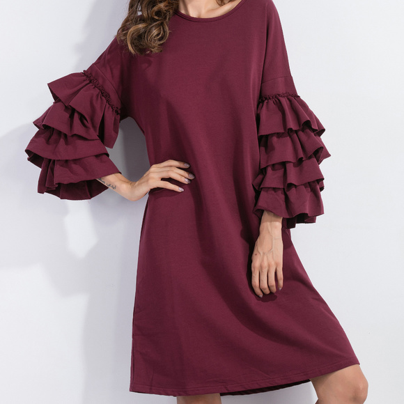 Dresses & Skirts - Burgundy Ruffle Sleeve Tunic Dress